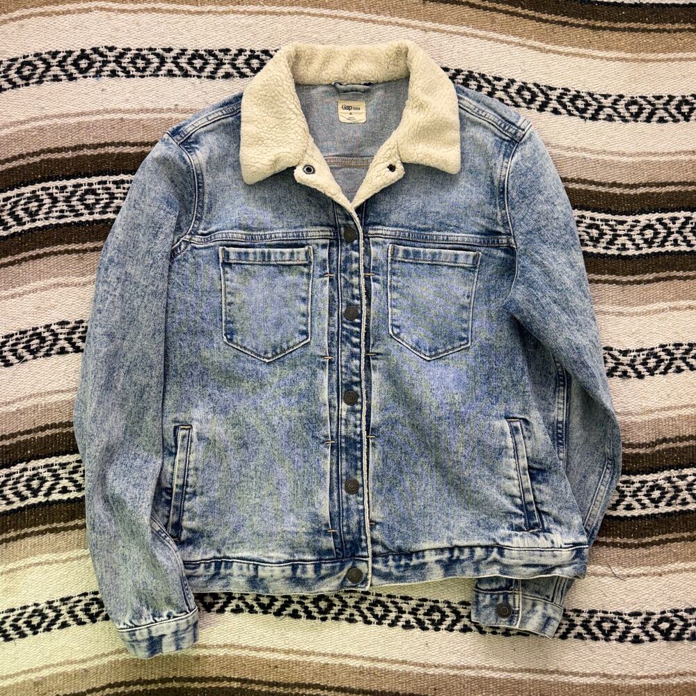 Women's Gap 1969 Denim Light Acid Wash Sherpa Lined Denim Trucker Jacket Sz XL